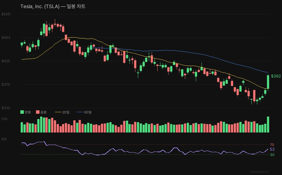 테슬라 일봉 캔들차트 이동평균선 RSI 기술적 분석